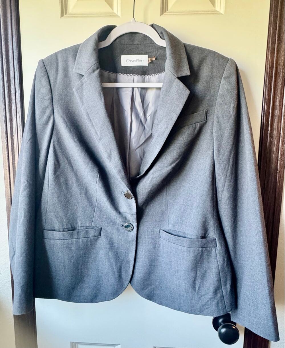 Calvin Klein Womens Gray Blazer Jacket Size 14W Two Button Tailored Workwear